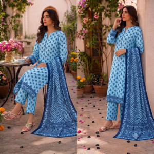 Blue Botanical Print Cotton 3-Piece Suit